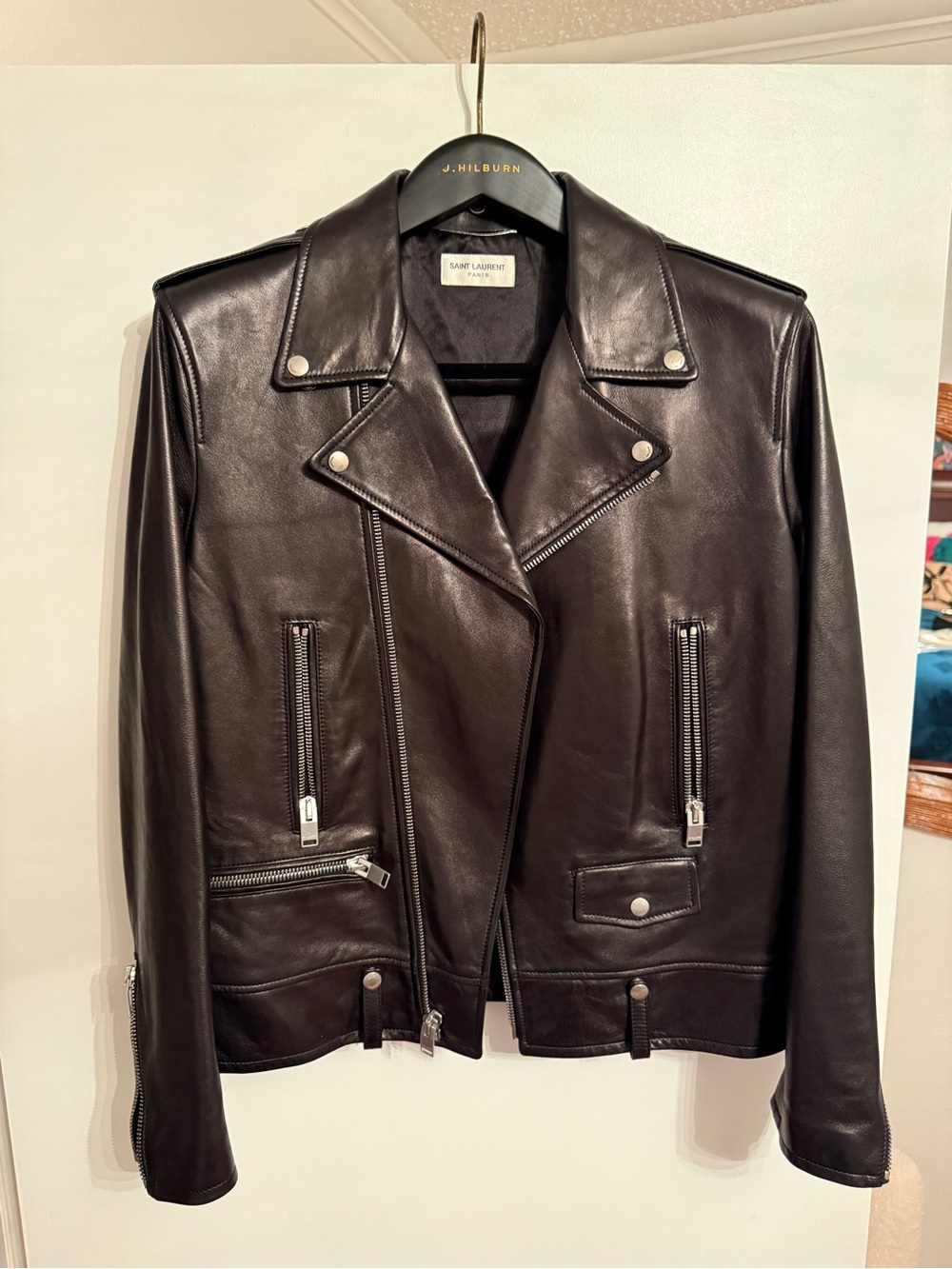 Saint Laurent Black Leather Bomber-Style Varsity Jacket